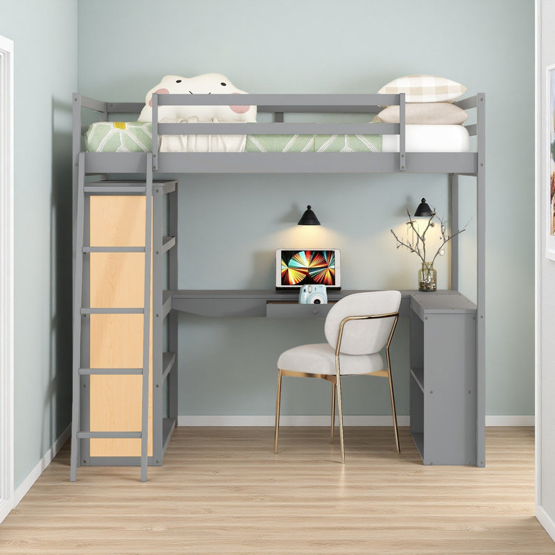 Lit mezzanine double avec échelle, tablettes et bureau