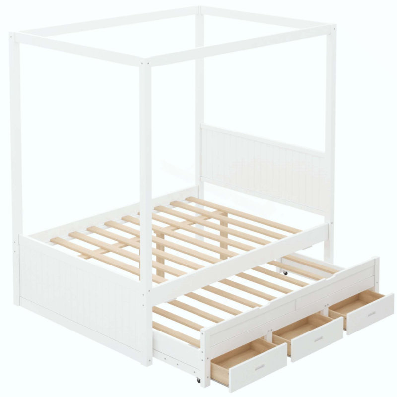 Lit plateforme à baldaquin avec lit gigogne, 3 tiroirs de rangement, tête de lit, Full / Double, White