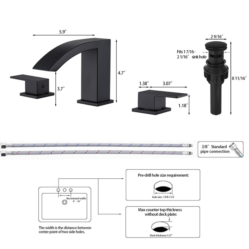 Robinet de lavabo de salle de bain carré noir 8 pouces, Noir mat