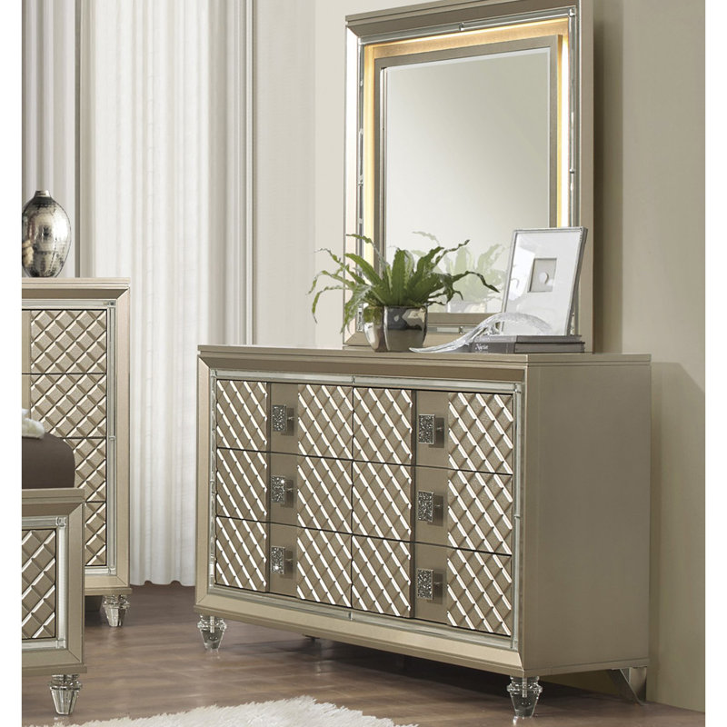 Finition champagne glamour 1 pièce commode de 6 tiroirs pieds en acrylique de luxe avec garniture de miroir biseauté