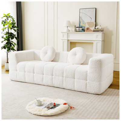 Canapé 84,6 po moderne sans os 84,7 po - Tissu en polyester à poils longs texturé litchi et à carreaux avec coussins circulaires