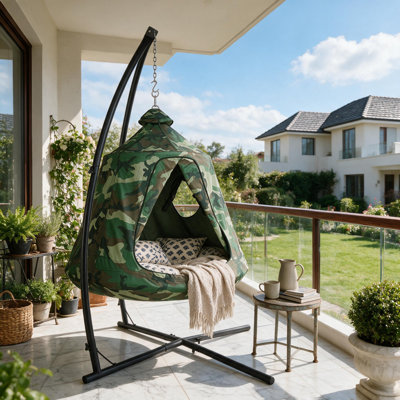 Hanging hammock X-stand with tree tent, indoor/outdoor metal swing stand, patio egg basket seat with adjustable solid support, for porch, bedroom, balcony (pillows and cushions are not included)