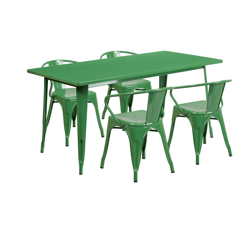 Lubron 31.5'' x 63'' Rectangular Metal Indoor-Outdoor Table Set with 4 Arm Chairs, Green, 7