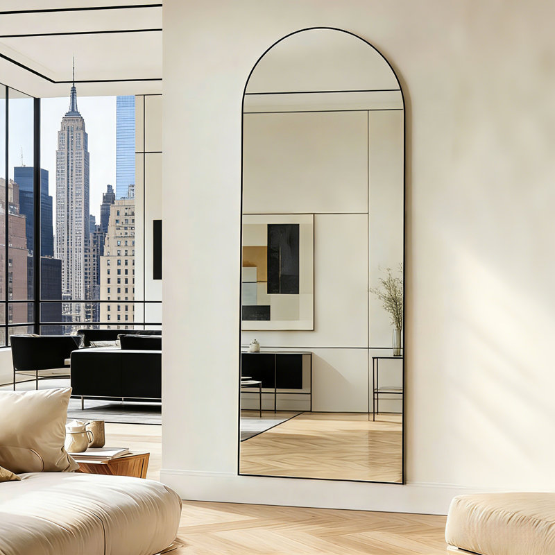 Oversized Arch Floor Mirror with Stand, Wall Mirror, Matte Black, 64" x 24"