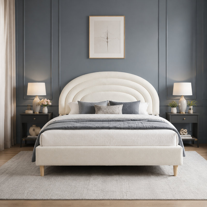 Halis Upholstered Scalloped Bed, Ivory Teddy, Queen