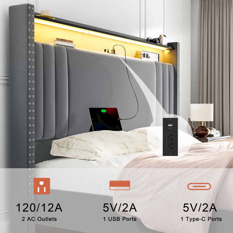 Hudepohl Upholstered Wingback Bed with 52.12" High Storage Headboard, Modern Upholstered Bed Frame with Outlet & LED Light
