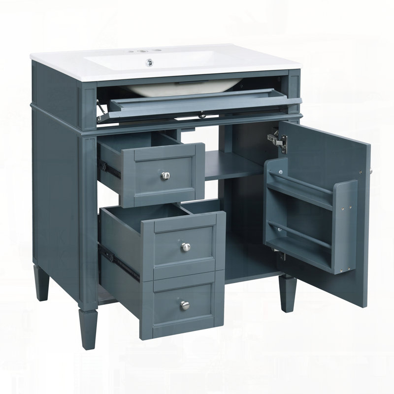 Meuble-lavabo moderne avec tiroirs supérieurs, Bleu gris, Argent argent