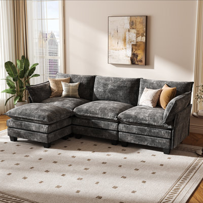 Modular Sectional Sofa, L-Shaped 4 Seater Cloud Couch with Ottoman,Chenille Modern Sectional Couches for Living Room, Grey