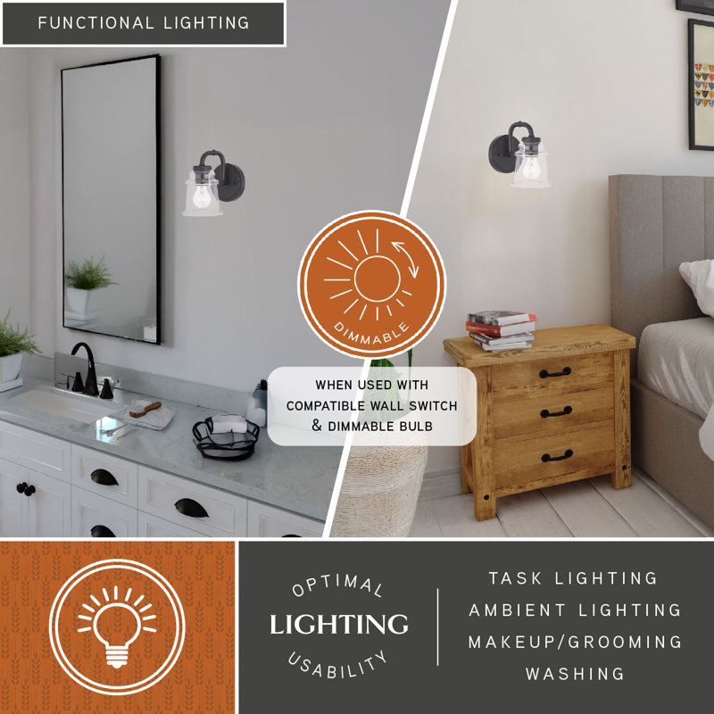 Luminaire de salle de bain industriel noir mat à 1 lumière de 5,25 pouces de large Akini, abat-jour en verre transparent, à intensité variable, compatible avec DEL, applique murale en acier