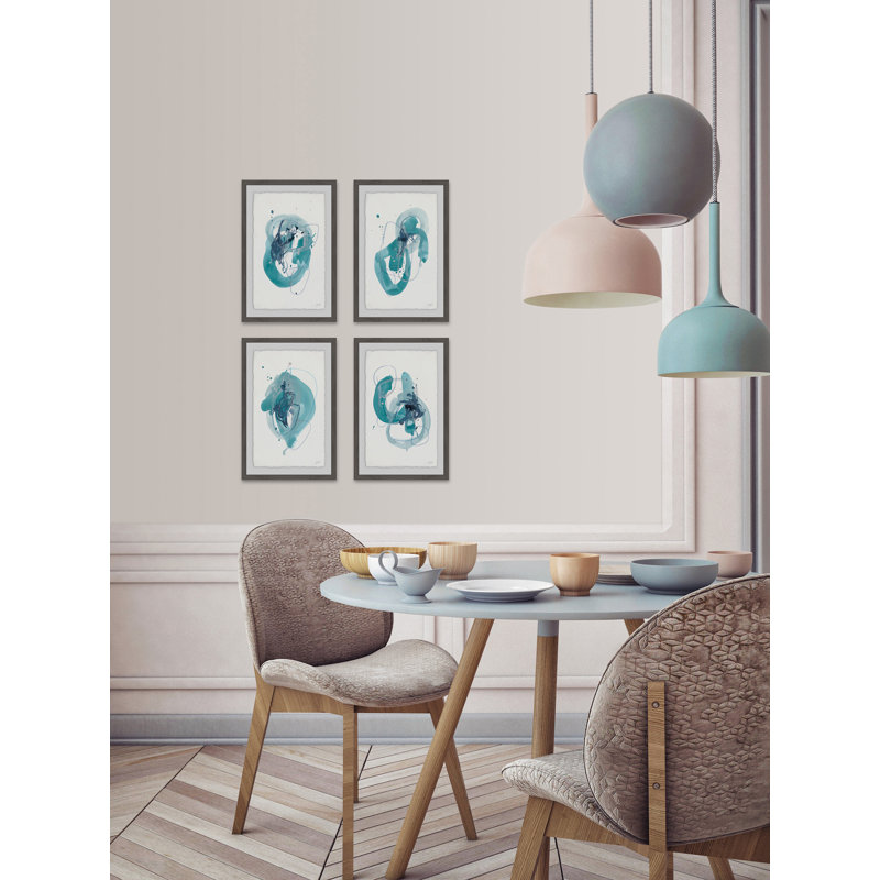 Turquoise Drips - ensemble de 4 reproductions encadrées sur papier, H 36 po x l 24 po x L 1,5 po