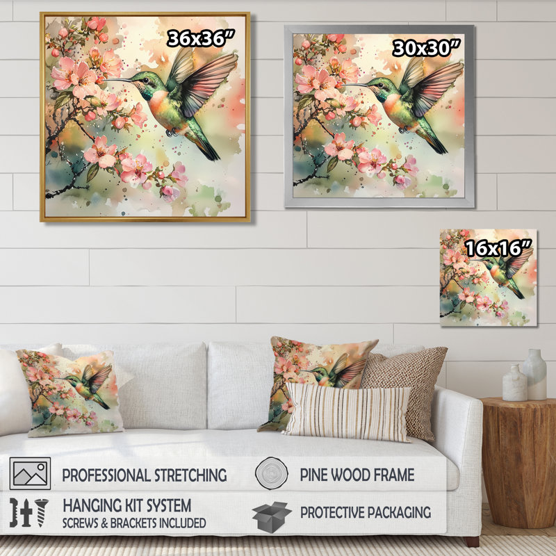 Hummingbird In The Blossoms I - Art mural colibri, H 36 po x l 36 po, Impression encadrée flottante, Argent argent