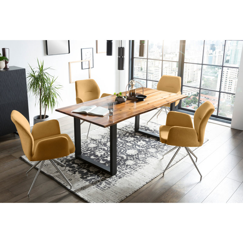 4 - Person Dining Set, Black/Yellow/Cognac/Silver, 75cm H x 160cm W x 85cm D, Cognac/Black/Yellow/Silver