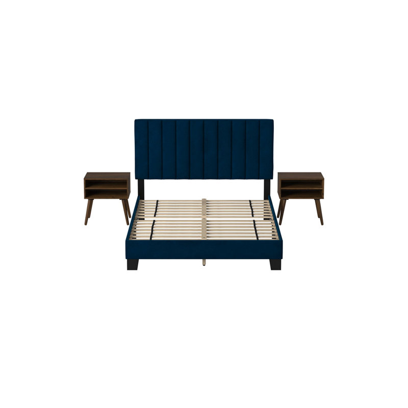 Grand lit Coyote avec bleu marine Carroll et deux tables de bout