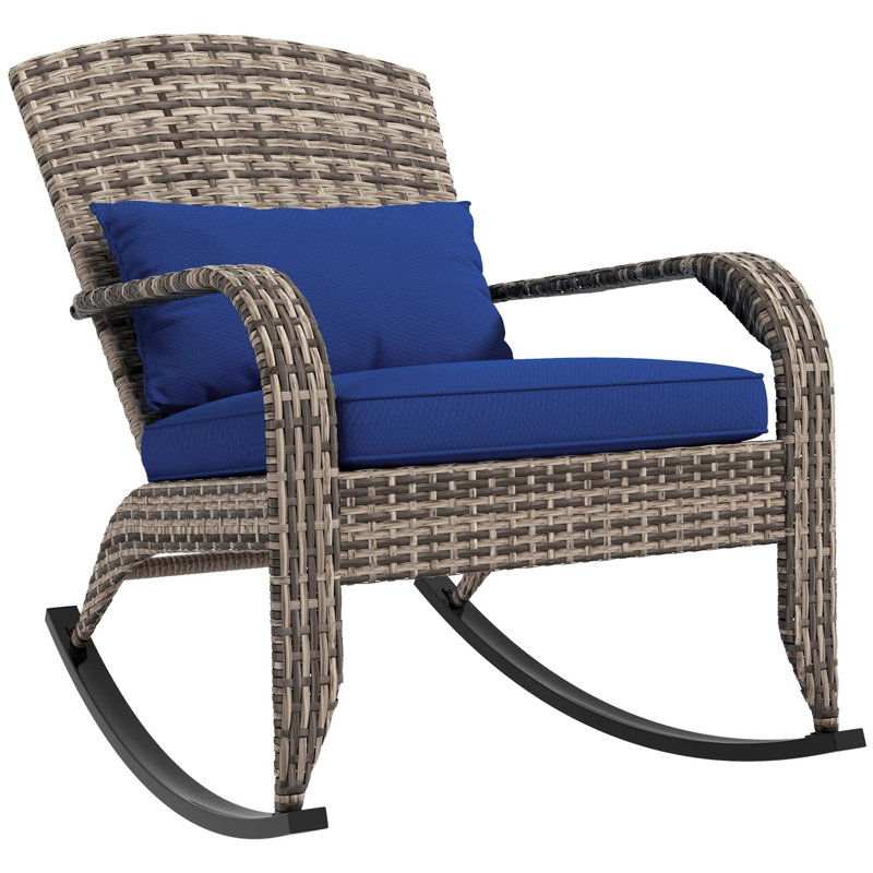 Outsunny Outdoor Wicker Adirondack Rocking Chair, Patio Rattan Rocker Chair With High Back, Seat Cushion, And Pillow For Garden, Porch, Balcony