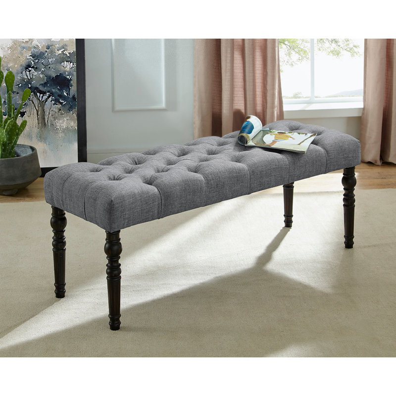 Tufted Turned Leg  Dining Bench, Gray, Gray
