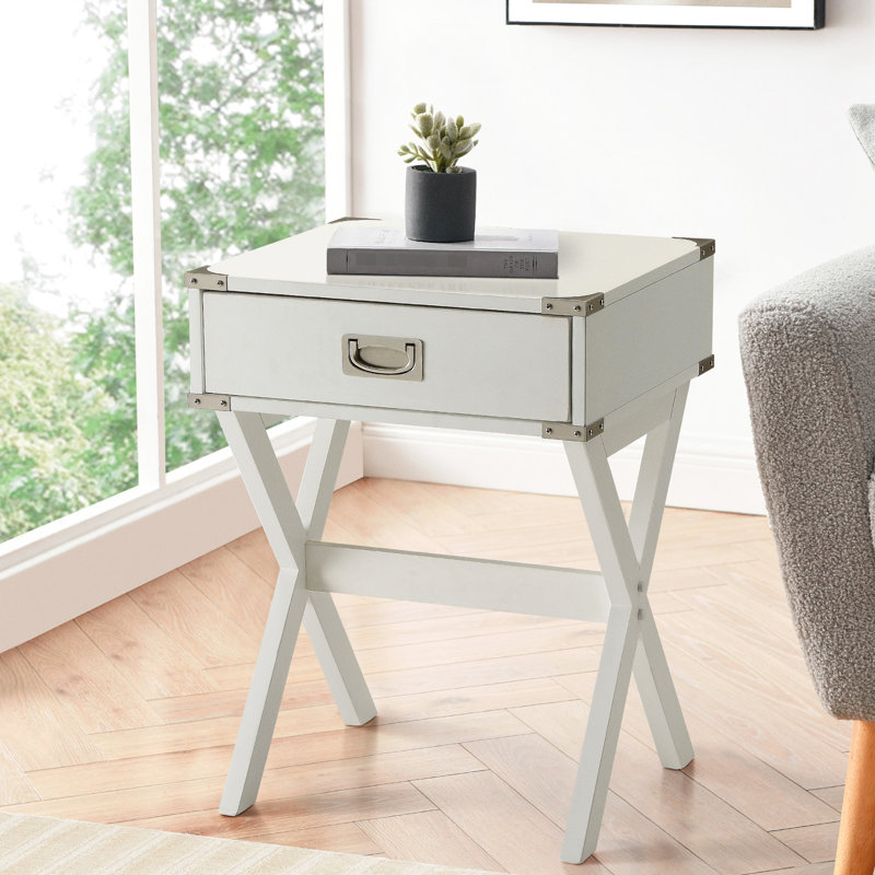 Table de bout blanche avec tiroir et plateau en bois rustique pour les espaces de vie carrés - Utilisation polyvalente à la maison