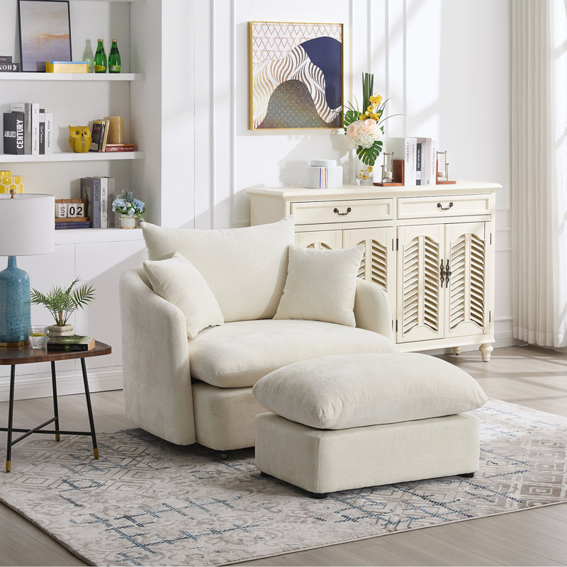 Fauteuil d'appoint pivotant surdimensionné rembourré avec repose-pieds, Beige