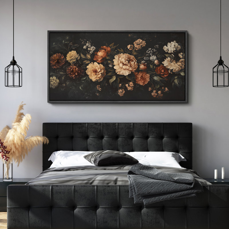 «Moody Peony Flowers Bouquet», impression sur toile encadrée surdimensionnée, Noir, noir, noir, noir, H 30 po x l 60 po