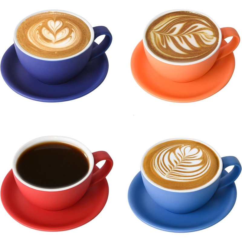 Tasse à café et soucoupe en céramique - 10 oz pour cappuccino, thé, café moka, ensemble de 4, couleur mélangée mate