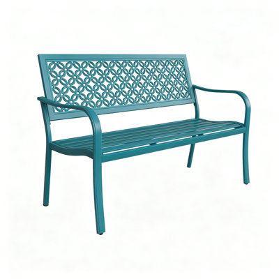 Multi-Color Lattice Cutout Metal Outdoor Bench, 49.17" Weather Resistant Steel Patio Loveseat Bench with Curved Armrests, 2-Seat Decorative Garden Bench Available  Green for Backyard, Porch, Lawn & Balcony