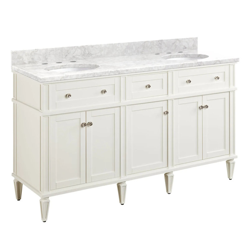 60" Elmdale Double Bathroom Vanity Set with Oval Undermount Sinks, 8" Widespread, Carrara Marble, Soft White