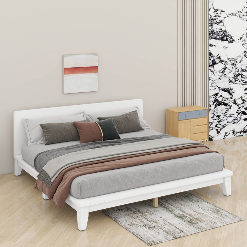 Lit plateforme en bois avec tête de lit, structure de lit moderne et robuste avec support en lattes de bois, Full, White