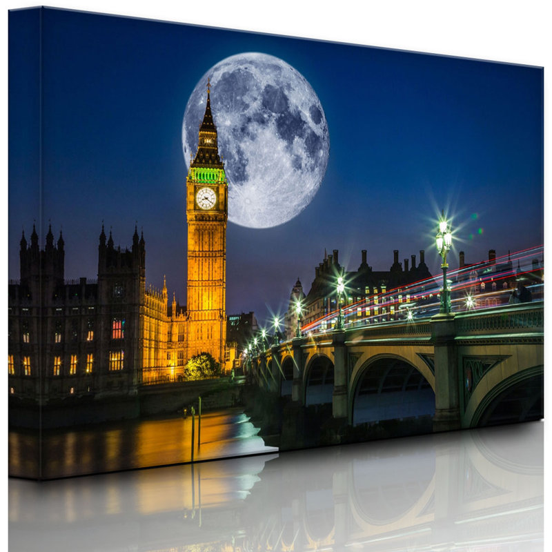 Big Ben In Front Of Big Moon In London by No - Wrapped Canvas Print, 70cm H x 100cm W x 4.5cm D, With lighting