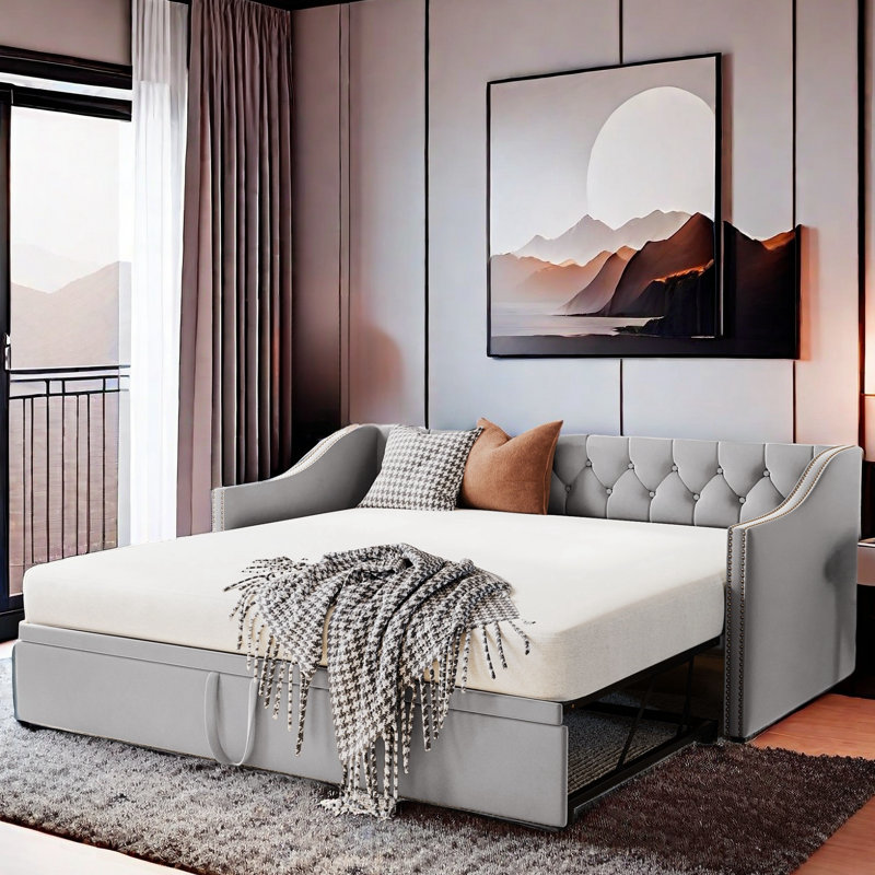 Elifsu Upholstered Velvet Daybed with Trundle Bed, Gray