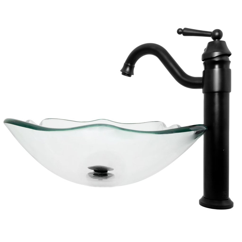Novatto 15'' Glass Square Bathroom Sink with Faucet, Clear, Mattle Black