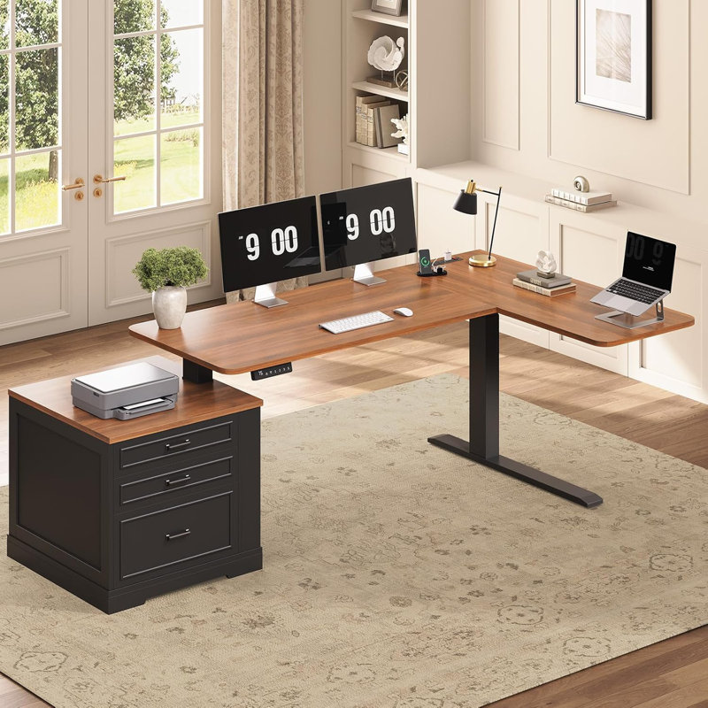 Farmhouse L Shaped Electric Standing Desk, Brown, Black