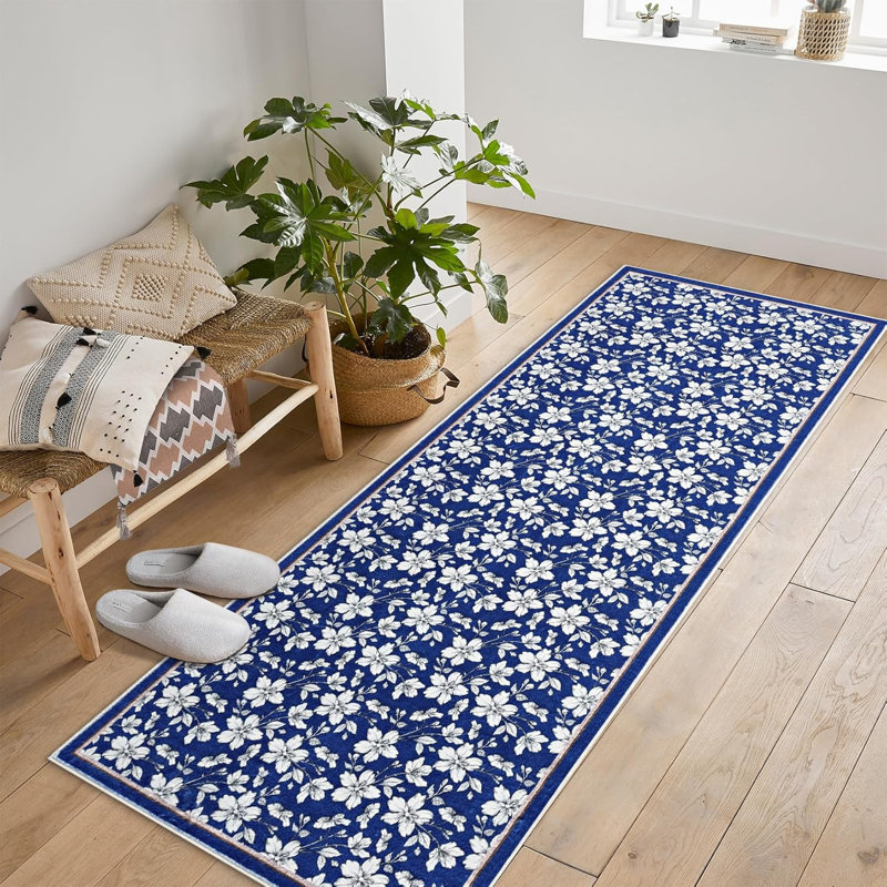 2x6 Washable Boho Floral Runner, Non-Slip, Low Pile, Soft Throw Rug for Entryway, Kitchen, Kids Room, Beige, Green, Blue, Small Machine Washable.