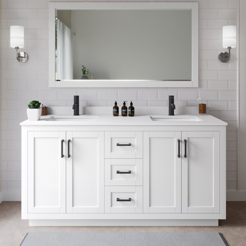 Miranda 66" Freestanding Double Bathroom Vanity with Cultured Marble Top, White Cultured Marble, White, Matte Black