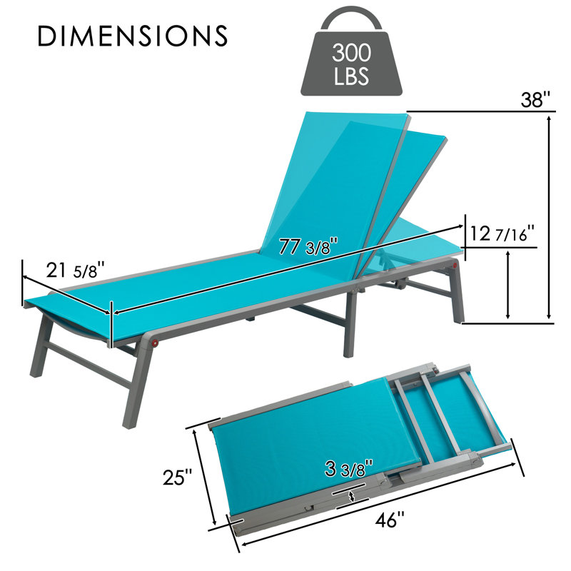 Kozyard Outdoor Foldable Lounge Chair, Aluminum Frame Patio Lounger with 5-Position Adjustable Backrest, Breathable Textilene Fabric, No Assembly Required, Reclining & Full-Flat Poolside Chair