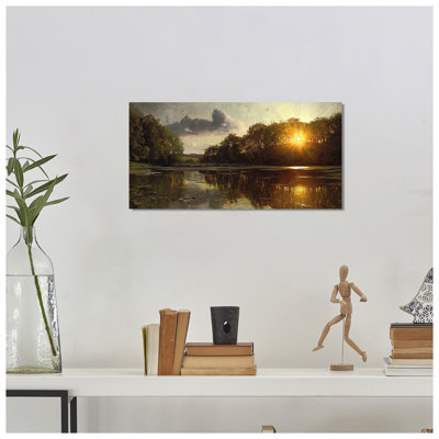 Sunset Over A Forest Lake By Peder Mork Monsted Framed Size:18X30 Inches,Image Size:12X24 Inches,Gold Frame The World Classic Art Reproductions,Wall Art For Home Decor