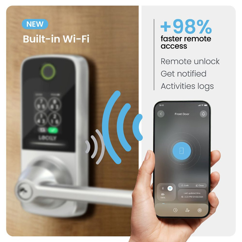 Lockly Secure Pro Satin Nickel Latch Edition with Built-in Wi-Fi Lever Set Lock PGD628WSN, Satin Nickel