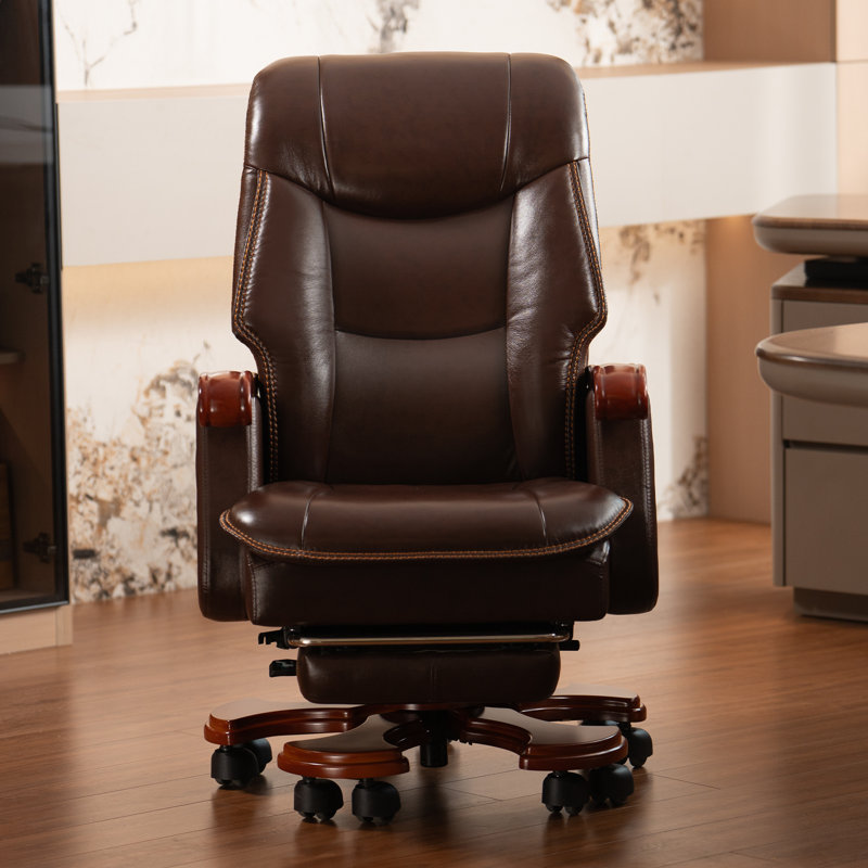 Kinnls Jones Executive Office Chair with Massage Ventilation and Heating, Genuine Leather Luxury Managerial Executive Home Desk Chairs Big and Tall Recliner with Footrest(Coffee)