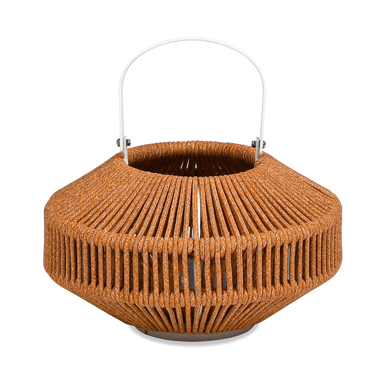 Heathered Orange and White Olefin Round Outdoor Lantern Set with USB Rechargeable LED Light