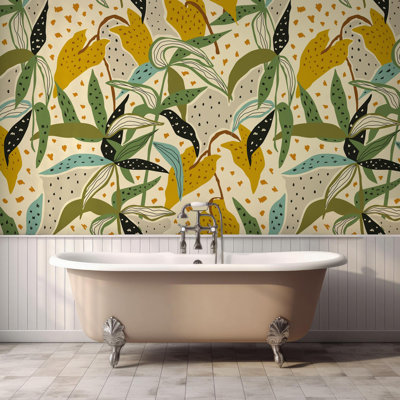 Murale botanique moderne Mid-Century | Papier peint moutarde et feuille verte | Non-tissé ou pelez et collez