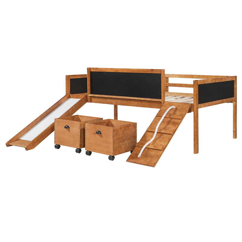 Lit mezzanine simple en bois avec deux boîtes de rangement, Natural