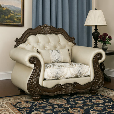 Fauteuil d'appoint Reese, bois brun cerise classique floral, coussin beige 1