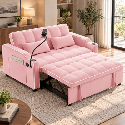3-in-1 Convertible Velvet Loveseat Sleeper Sofa Bed, Pull-Out Recliner with Adjustable Backrest, USB & Type-C Ports, Phone Holder, Cup Holders and Side Pockets