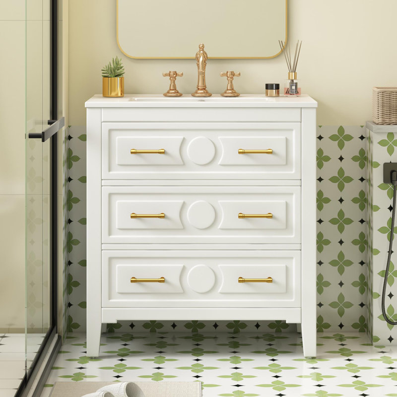 Meuble-lavabo simple autoportant avec 3 tiroirs, Blanc, Doré