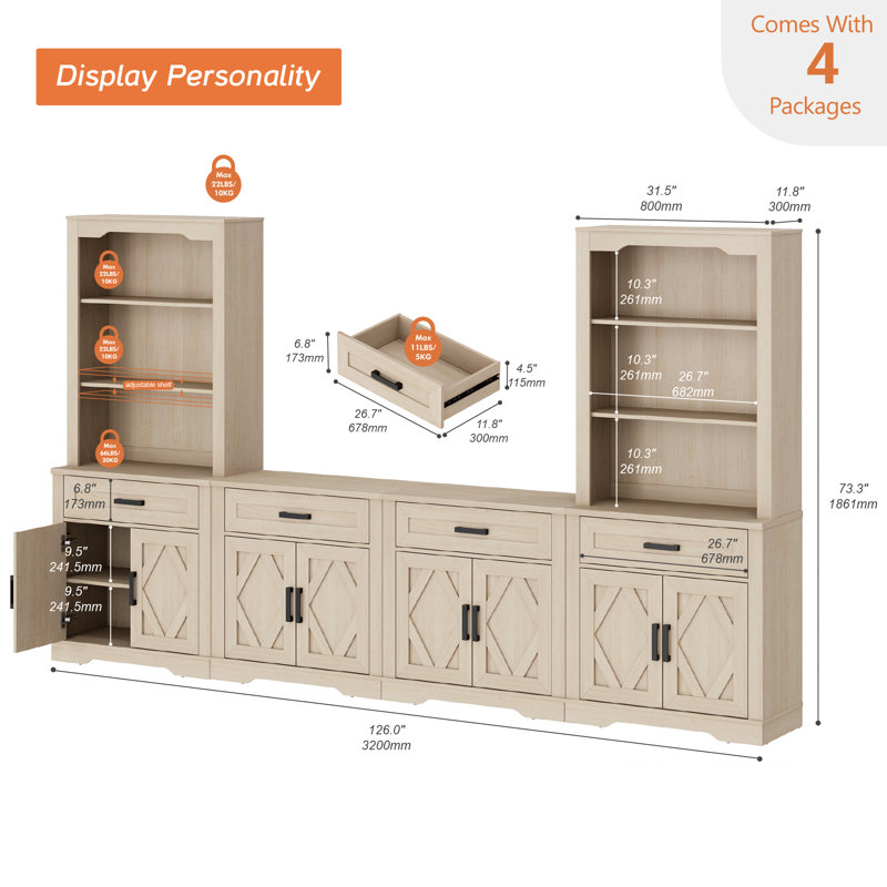 Glenford 4-In-1 73.3"H Tall Kitchen Pantry Storage Cabinet,Large Farmhouse Style Sideboard Buffet Cabinet Set Of 4 With Drawers And Shelves For Kitchen