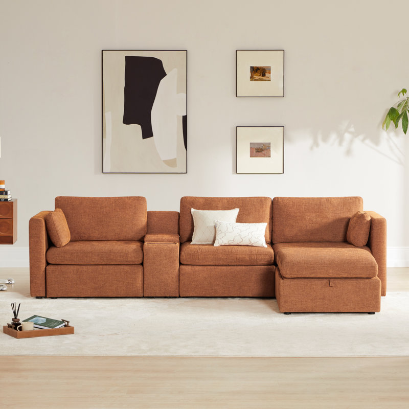 Winfree 4- Piece Upholstered Sectional With Console, Terracotta Polyester