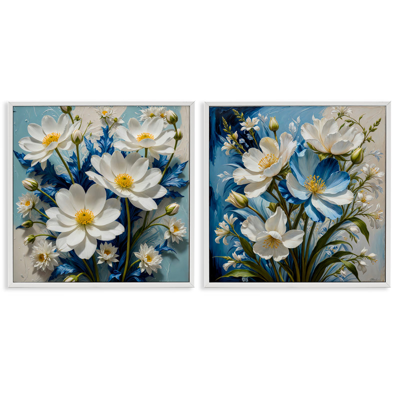 "Bold Floral Bunches", ensemble de 2 estampes numériques par Yuri Khrushch, Giclée encadrée blanc bord de mer