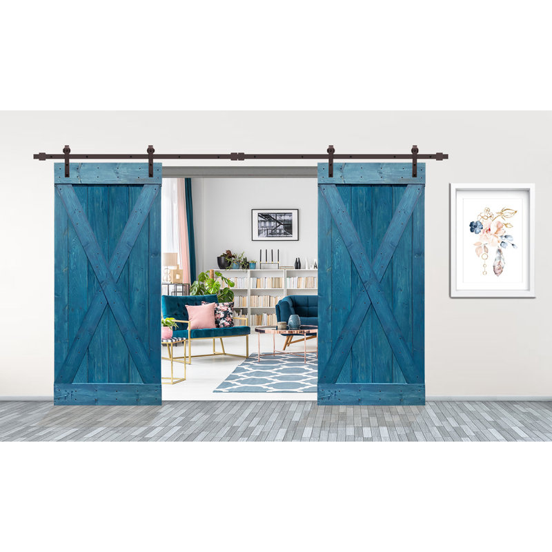 84'' Ocean Blue Solid Pine Barn Door with Oil-Rubbed Bronze Hardware