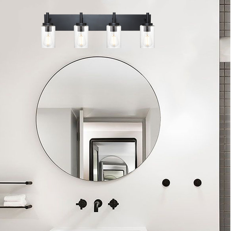 4-Light Dimmable Black Vanity Light With Seeded Glass Shade.