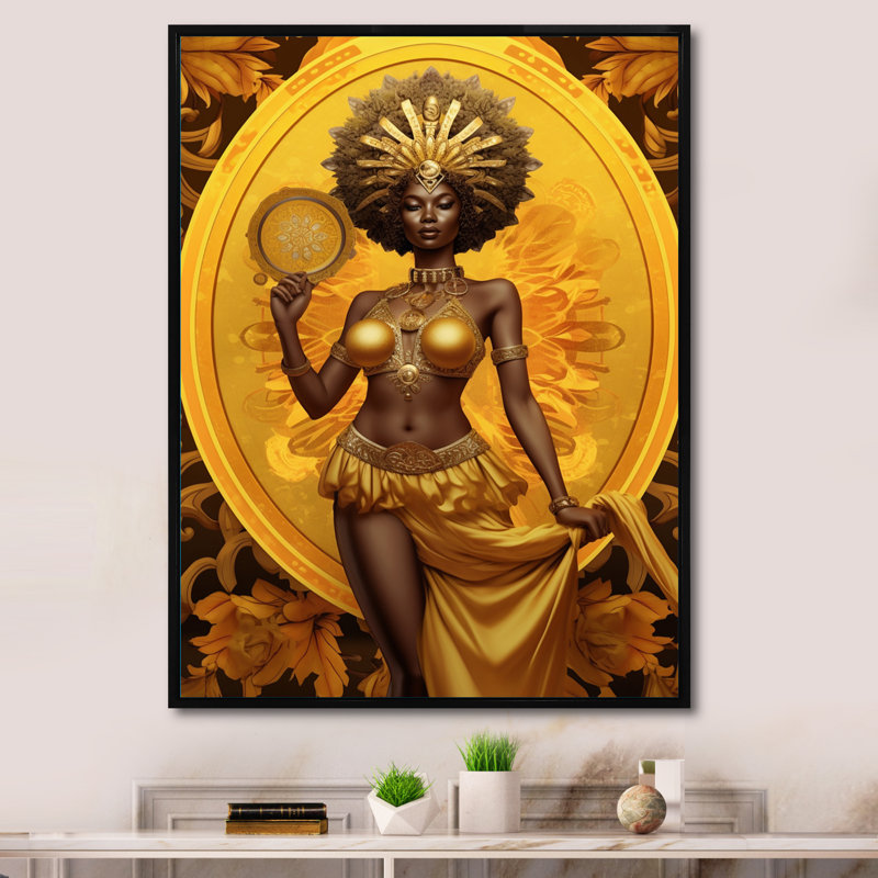 Orisha Oshun avec miroir déesse africaine - art mural femme afro-américaine, Cadre flottant noir