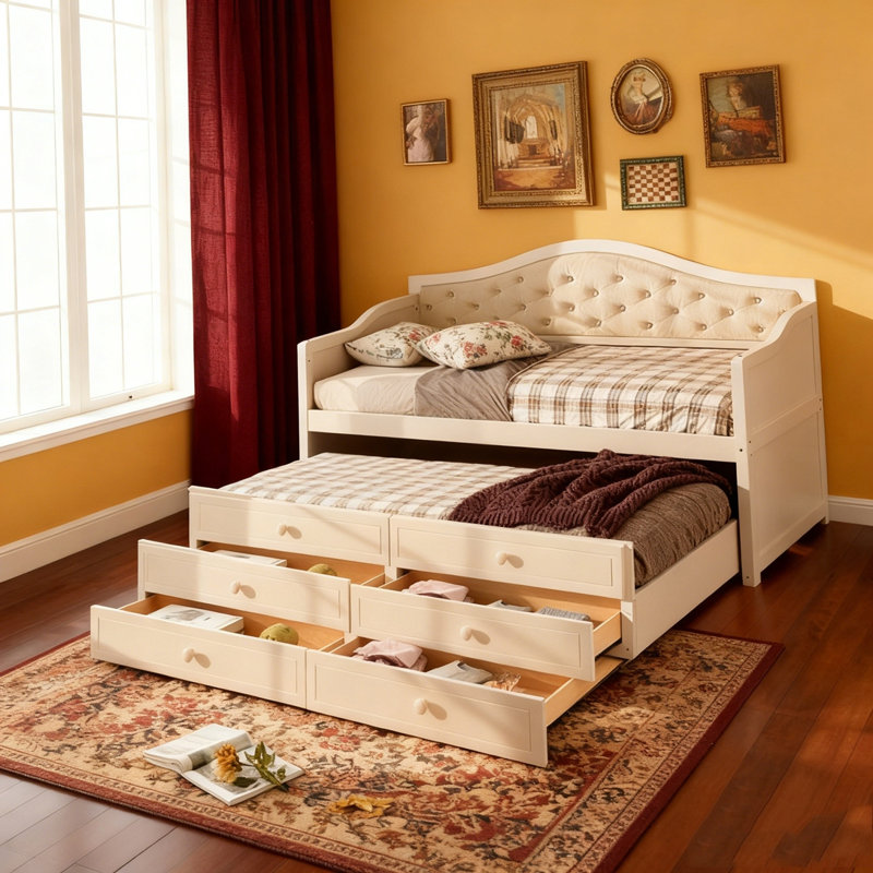 Daybed with Trundle, Twin Size Daybed with 2 Storage Drawers, Wooden Sofa Bed with Upholstered Button Tufted Backrest, Beige