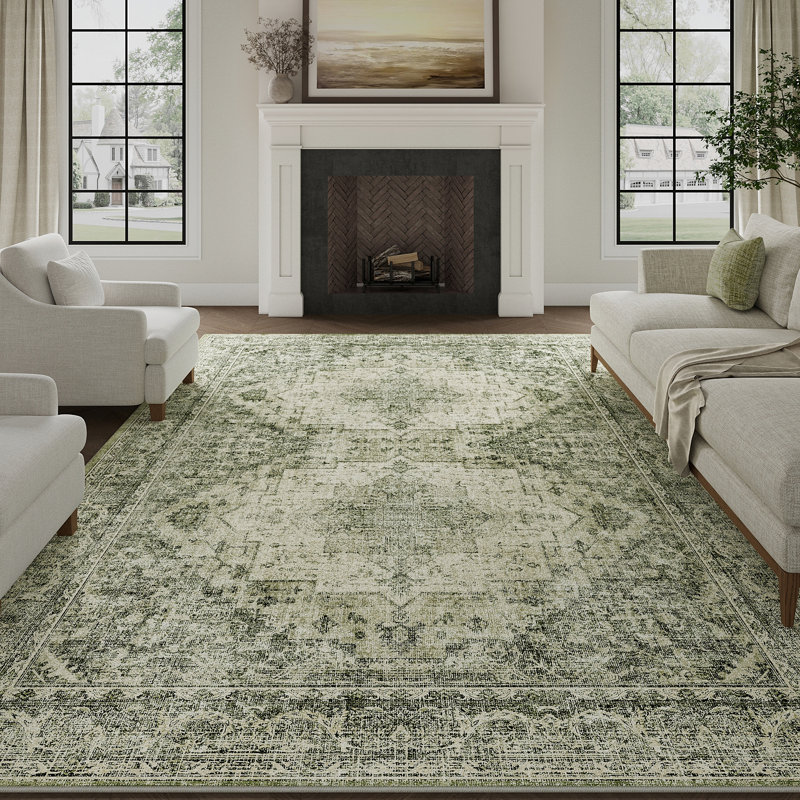 Elaine Machine Washable Vintage Area Rug With Non-Slip Backing, Rectangle 6' x 9', Green, 0.28"